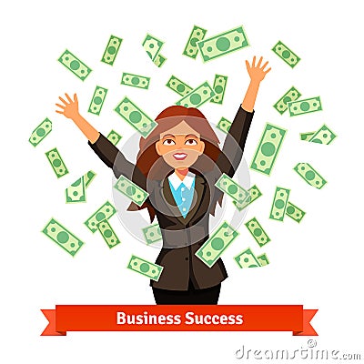 Woman throwing green dollar cash money in the air Vector Illustration