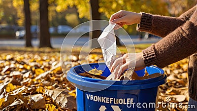 Woman throwing paper in public trash bin surrounded by autumn leaves Stock Photo