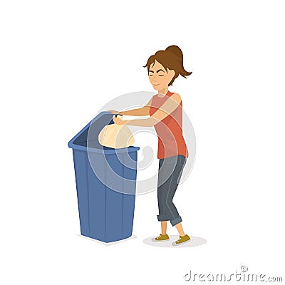 Woman throwing plastic trash garbage in a trash bin Vector Illustration