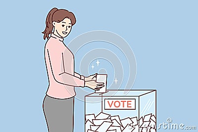 Woman throws ballot into box casting vote for presidential or congressional candidate. Vector image Vector Illustration