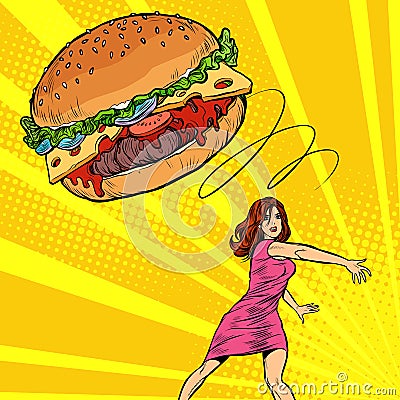 Woman throws Burger, fast food. Diet and healthy eating Vector Illustration