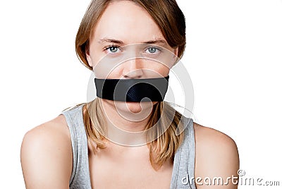 Woman with tied mouth Stock Photo