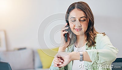 Woman, time and appointment with cellphone in home for communication or waiting in mockup. Girl, check and watch with Stock Photo