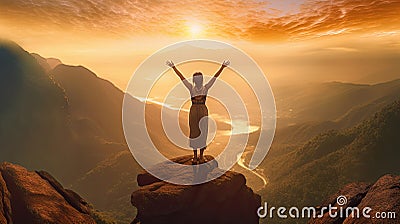 A woman on top of the mountain with arms open to a welcoming new day with sunrise success. Successful women have attained peaks of Stock Photo