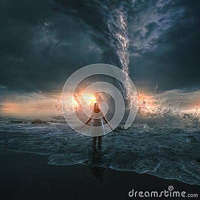 Woman and tornado Stock Photo