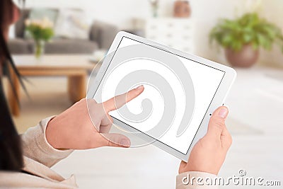 Woman touch isolated tablet screen. Tehnology mobile concept for app, web site presentation Stock Photo