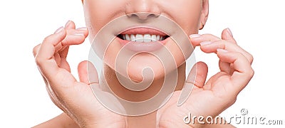 Woman touching her face by hands. Applying cream on a perfect smooth soft skin. Stock Photo