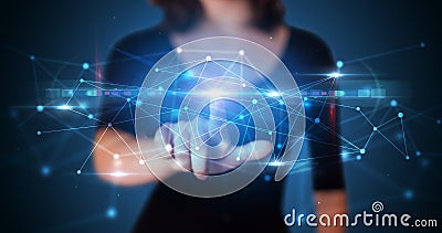 Woman touching web hologram Stock Photo