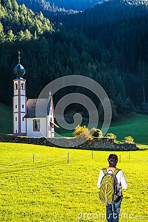Woman-tourist with backpack in Dolomites Editorial Stock Photo