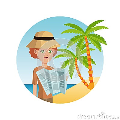 Woman tourist hat reading map palm sand beach Vector Illustration