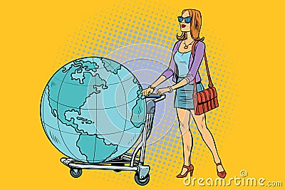 Woman tourist with a Luggage cart with the planet Earth Vector Illustration