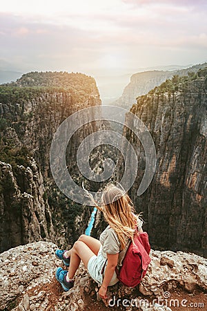 Woman tourist outdoor hiking Tazi canyon in Turkiye travel solo healthy lifestyle eco tourism in mountains Stock Photo