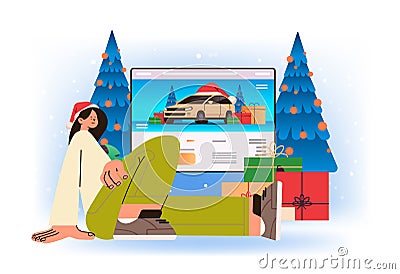 woman tourist in santa claus hat choosing vehicle pick your ride travel tourism start adventure car rental happy new Vector Illustration