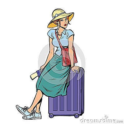 Woman tourist sitting on a travel suitcase Vector Illustration