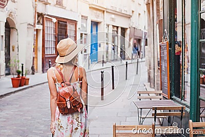 Woman tourist on the street, summer travel concept Stock Photo