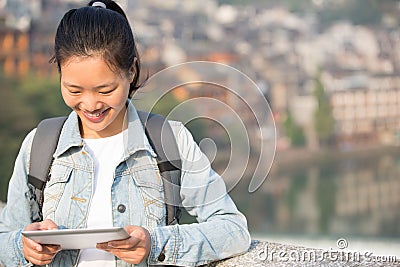 Woman tourist use digital tablet Stock Photo