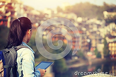 Woman tourist use digital tablet Stock Photo