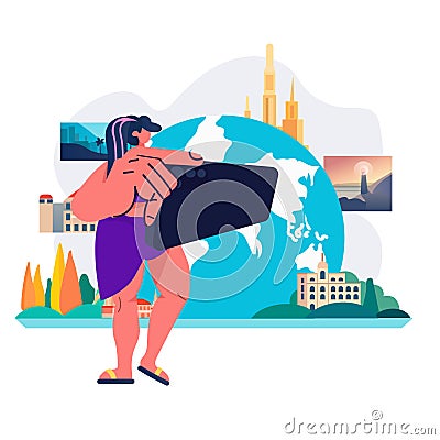 woman tourist using smartphone summer vacation holiday time to travel concept Vector Illustration