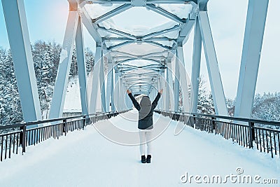 Woman tourist Visiting in Biei, Traveler in Sweater sightseeing Shirahige Waterfall bridge with Snow in winter. landmark and Stock Photo