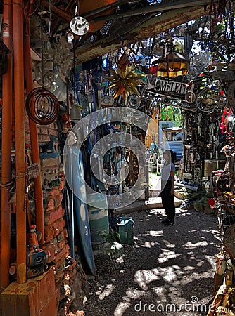 Woman Tourist Visiting the Cathedral of Junk in Austin Texas Editorial Stock Photo