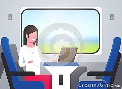 Woman train passenger listening audio book with headphones tourist girl sitting blue armchair railway traveling concept Vector Illustration