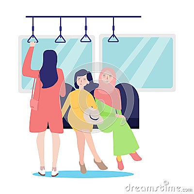 woman train public transportation subway modern fast vehicle journey traveler destination and three girls waiting for Vector Illustration