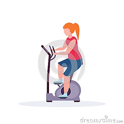 Woman training exercise bike sportswoman riding stationary bicycle girl doing spinning sport activities healthy Vector Illustration