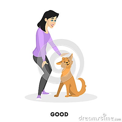 Woman training her pet dog. Good puppy Vector Illustration