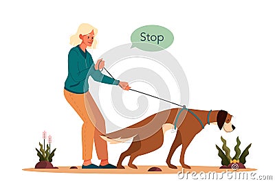 Woman training her pet dog. Happy puppy having command lesson. Vector Illustration