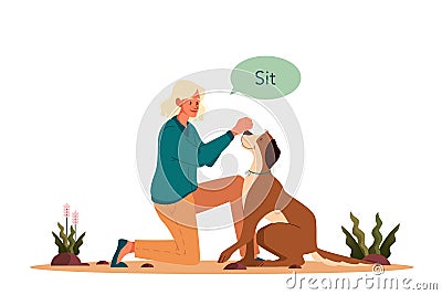 Woman training her pet dog. Happy puppy having command lesson. Vector Illustration