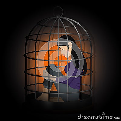 Woman trapped in the cage Stock Photo