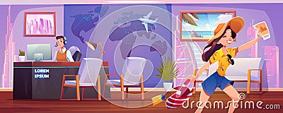 Woman in travel agency buying tour for vacation Vector Illustration