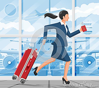Woman with Travel Bag. Tourist with Suitcase Vector Illustration