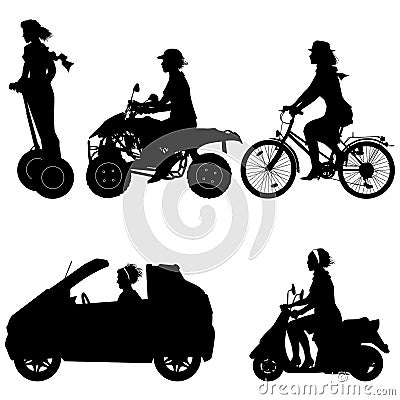 Woman in travel, drive a car, ride a bike, quad, scooter, segway Vector Illustration