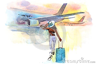 Woman traveler boarding airplane, rear view. Departure. Girl at an airport about to board an aircraft. Stock Photo