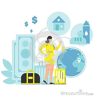 Woman traveler character choosing relocation destination Vector Illustration