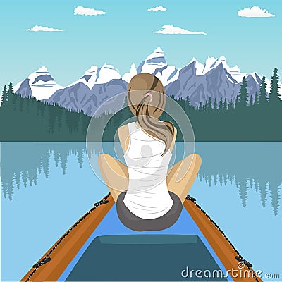 Woman traveler floating on boat on mountain lake Vector Illustration