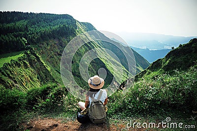 Woman traveler in Azores Stock Photo