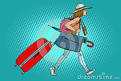 Woman traveler with Luggage Vector Illustration