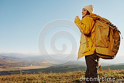 woman traveler mountain top nature travel adventure Lifestyle Stock Photo