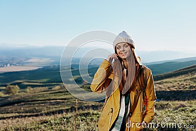 woman traveler mountain top nature travel adventure Lifestyle Stock Photo