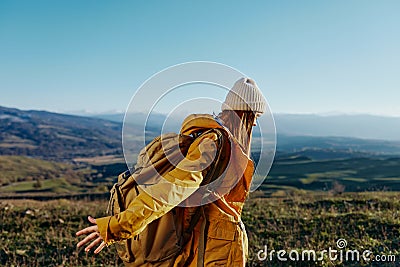 woman traveler mountain top nature travel adventure Lifestyle Stock Photo