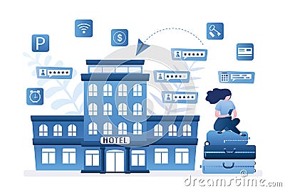 Woman traveler sitting on baggage and read reviews about hotel. Female tourist search and book hotel room. Mobile reservation Vector Illustration