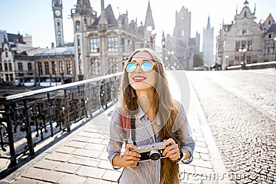 Woman traveling in Gent old town, Belgium Stock Photo