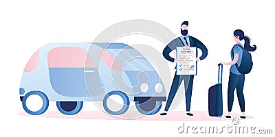 Woman traveller,modern car and clerk with rental agreement in hands Vector Illustration