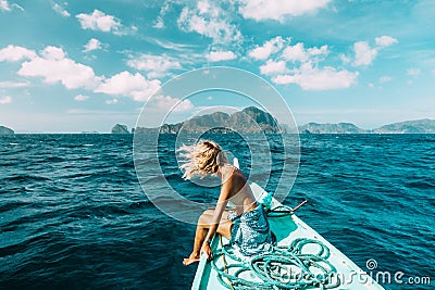 Woman travelling on the boat in Asia Stock Photo