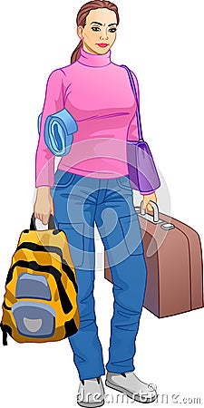 Displeased girl with bags. A woman travels with big bags and a suitcase. Vector illustration. Vector Illustration