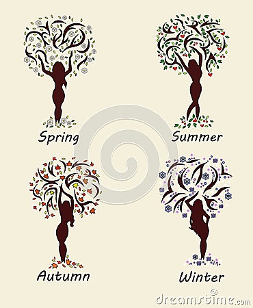 A woman tree in four seasons Vector Illustration