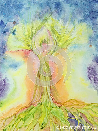 Woman tree of life with aura. Stock Photo