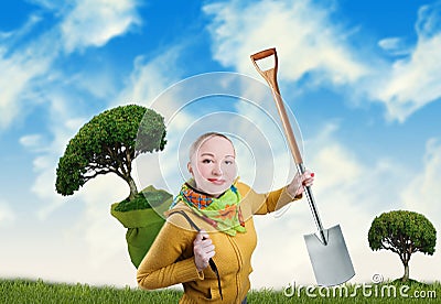 Woman with tree and spade Stock Photo